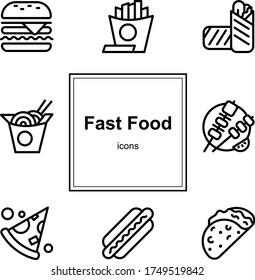 Icon set. Junk food. Bad lifestyle. Icons on the theme of fast food. Food of different nations. The vector illustration has a burger, french fries, burrito, wok noodles, barbecue, pizza, hot dog, taco