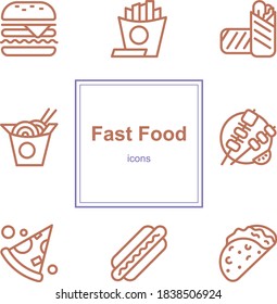 Icon set. Junk food. Bad lifestyle. Icons on the theme of fast food. Food of different nations. The vector illustration has a burger, french fries, burrito, wok noodles, barbecue, pizza, hot dog, taco