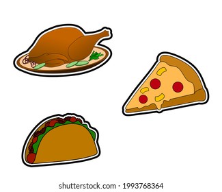 icon set of junk food and fast food menu grilled chicken, pizza and tacos