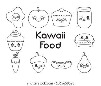 icon set of kawaii food over white background, line style, vector illustration