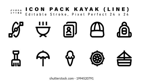 Icon Set of Kayak Line Icons. Contains such Icons as Backpack, Beach Toys, Umbrella, Ice Cream etc. Editable Stroke. 48x48 Pixel Perfect