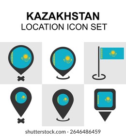 Icon set of Kazakhstan featuring map markers with national flag designs, ideal for travel, geopolitics, and cultural projects.