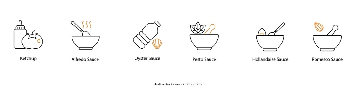 Icon Set: Ketchup, Alfredo, Oyster, Pesto, Mayonnaise, Hollandaise, and Romesco Sauces