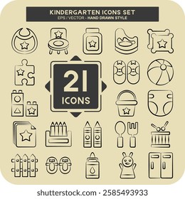 Icon Set Kindergarten. related to kids symbol. hand drawn style. design editable