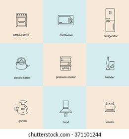 Icon set of kitchen appliances: microwave, blender, chopper, fridge, kettle, toaster, extractor hood, cooker, steamer.