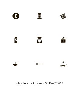 icon set Kitchen with chef on black, kitchen scale, water and chairs