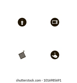 icon set Kitchen with chicken, oven mitt, microwave on black and electrical