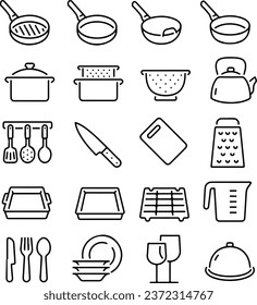 Icon set of kitchen and cooking tools such as pan, pot, strainer, teapot, cutting board, grater, plate, glass, fork, knife, and spoon. 16 icons, monochrome vector illustrations.