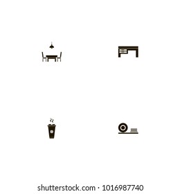 icon set Kitchen with drink, plates, lamp and desk
