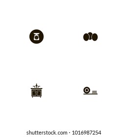 icon set Kitchen with eggs, scales on black, plates and scales