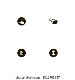 icon set Kitchen with food, boil, boiling pan and chef on black
