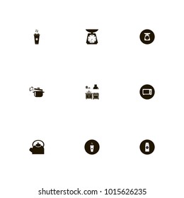 icon set Kitchen with hoods, scales on black, boil and microwave