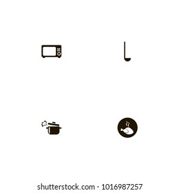 icon set Kitchen with microwave, ladle, boiling pan and chicken