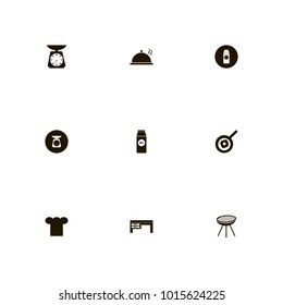 icon set Kitchen with milk, scales on black, fried egg and fry