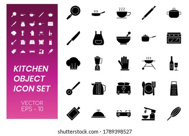 Icon Set of Kitchen Object with Glyph Concept Isolated on White Background. This Bundle Consists of 25 Icon, among them : pan, stove, oven. - Vector Illustration.
