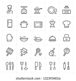 Icon Set - Kitchen Utensils And Cooking Outline Stroke Vector Illustration On White Background