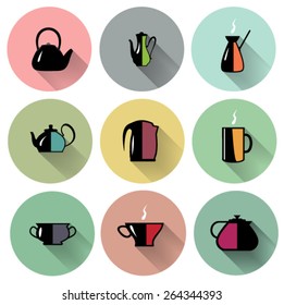 Icon set of kitchen utensils, tea and coffee equipment.