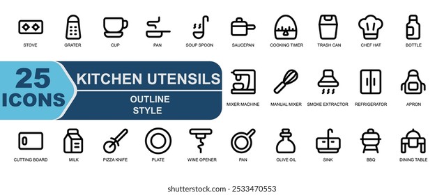 icon set of kitchen utensils.outline style.contains stove,grater,cup,cooking,pan,soup spoon,sauce pan,cooking timer,trash can.
