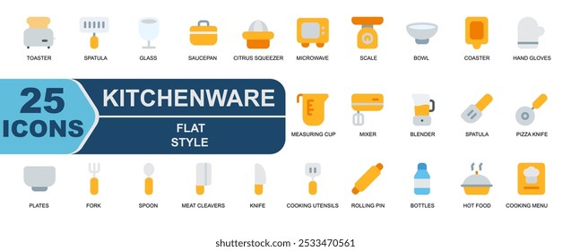 icon set kitchenware.flat style.contains citrus squeezer,mixer,blender,spatula,pizza knife,plates,forks.
