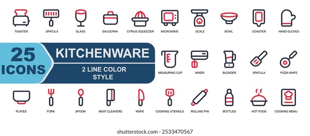 icon set kitchenware.style 2 line color.contains toaster,toast,spatula,glass,blender,spatula,pizza knife.
