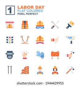 Icon set Labor day made with colored flat technique, contains a labor day, calendar, labor man and woman, safety vest, shovel, wrench, hammer and more. You can be used for web, mobile, ui and more.