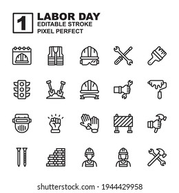 Icon set Labor day made with black glyph technique, contains a labor day, helmet, labor man and woman and more. You can be used for web, mobile, ui and more. Editable stroke and pixel perfect.