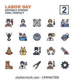 Icon set Labor day made with line color technique, contains a mechanic, factory, carpenter, worker, salesman, and more. You can be used for web, mobile and ui. Editable stroke and pixel perfect.