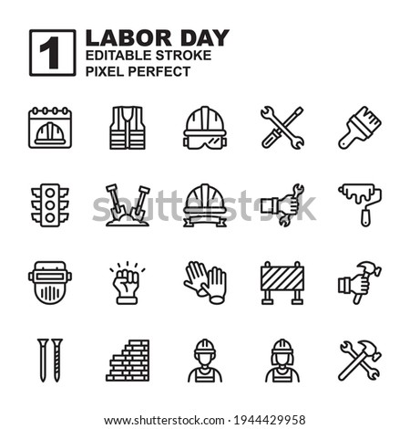 Icon set Labor day made with black glyph technique, contains a labor day, helmet, labor man and woman and more. You can be used for web, mobile, ui and more. Editable stroke and pixel perfect.