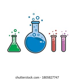 Icon set with laboratory flask and bottles of various colors, in cute cartoon style. Today in chemistry, metrology, science. Vector illustration.

