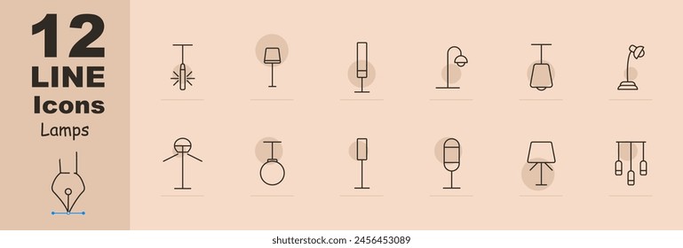 Lámparas de iconos. Lámparas, accesorios, iluminación, luz, lámpara, linterna, bombilla, iluminación, concepto, variedad, tubo, iluminador, resplandor, brillo. Concepto de elección.