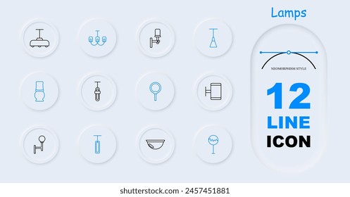 Lámparas de iconos. Lámparas, accesorios, iluminación, luz, lámpara, signo luminoso, bombilla, iluminación, linterna, variedad, tubo, iluminador, resplandor, brillo, neomorfismo. Concepto de elección.