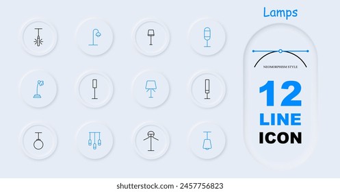 Lámparas de iconos. Lámparas, accesorios, iluminación, luz, lámpara, lámpara, bombilla, iluminación, concepto, variedad, tubo, iluminador, resplandor, brillo, neomorfismo. Concepto de elección.