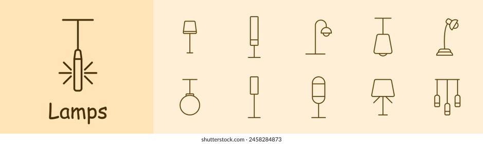 Lámparas de iconos. Lámparas, accesorios, iluminación, luz, lámpara, linterna, bombilla, iluminación, concepto, variedad, tubo, iluminador, resplandor, brillo. Concepto de elección.