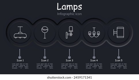 Lámparas de iconos. Lámparas, accesorios, iluminación, luz, lámpara, linterna, bombilla, iluminación, concepto, variedad, tubo, iluminador, resplandor, brillo, infografía. Concepto de elección.