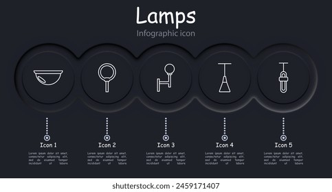 Lámparas de iconos. Lámparas, accesorios, iluminación, luz, lámpara, linterna, bombilla, iluminación, concepto, variedad, tubo, iluminador, resplandor, brillo, infografía. Concepto de elección.