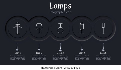 Icon set lamps. Lamps, fixtures, lighting, light, chandelier, lantern, light bulb, illumination, concept, variety, tube, illuminator, glow, luster, infographic. Choice concept.