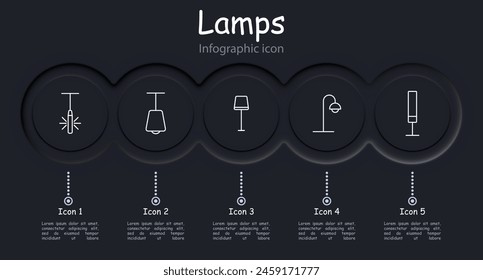 Icon set lamps. Lamps, fixtures, lighting, light, chandelier, lantern, light bulb, illumination, concept, variety, tube, illuminator, glow, luster, infographic. Choice concept.