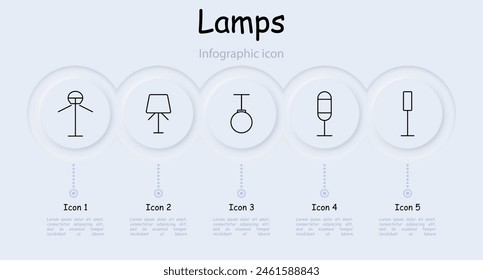 Icon set lamps. Lamps, fixtures, lighting, light, chandelier, lantern, light bulb, illumination, concept, variety, tube, illuminator, glow, luster, infographic. Choice concept.