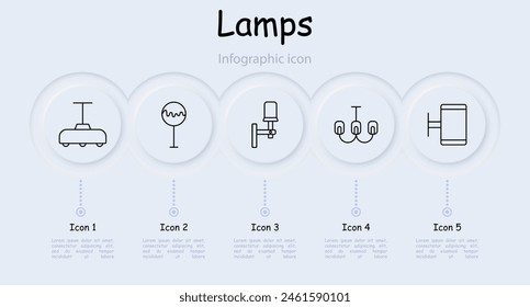 Lámparas de iconos. Lámparas, accesorios, iluminación, luz, araña, signo luminoso, bombilla, iluminación, linterna, variedad, tubo, iluminador, resplandor, brillo, infografía, neomorfismo. Concepto de elección.