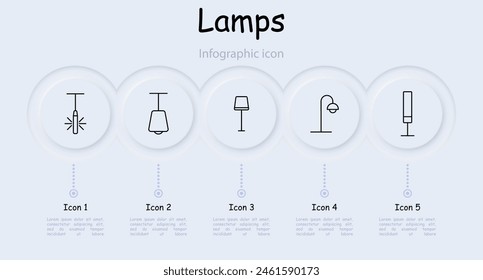 Icon set lamps. Lamps, fixtures, lighting, light, chandelier, lantern, light bulb, illumination, concept, variety, tube, illuminator, glow, luster, infographic. Choice concept.