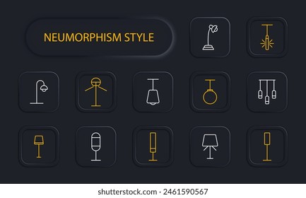 Lámparas de iconos. Lámparas, accesorios, iluminación, luz, lámpara, lámpara, bombilla, iluminación, concepto, variedad, tubo, iluminador, resplandor, brillo, neomorfismo. Concepto de elección.