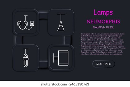 Lámparas de iconos. Lámparas, accesorios, iluminación, luz, lámpara, lámpara, bombilla, iluminación, concepto, variedad, tubo, iluminador, resplandor, brillo, neomorfismo. Concepto de elección.