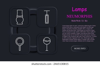 Lámparas de iconos. Lámparas, accesorios, iluminación, luz, lámpara, lámpara, bombilla, iluminación, concepto, variedad, tubo, iluminador, resplandor, brillo, neomorfismo. Concepto de elección.