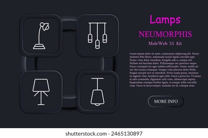 Lámparas de iconos. Lámparas, accesorios, iluminación, luz, lámpara, lámpara, bombilla, iluminación, concepto, variedad, tubo, iluminador, resplandor, brillo, neomorfismo. Concepto de elección.