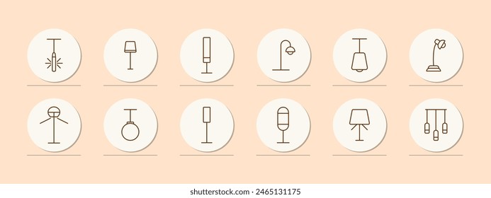 Lámparas de iconos. Lámparas, accesorios, iluminación, luz, lámpara, linterna, bombilla, iluminación, concepto, variedad, tubo, iluminador, resplandor, brillo. Concepto de elección.