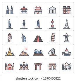 Icon Set - Landmark Icon Outline Stroke With Color Vector Illustration On White Background