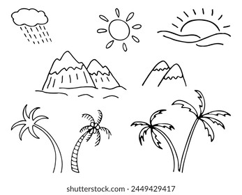 Icon set of landscape elements for summer vacation travel, hand drawn vector doodles in line style. Collection of icons of various palm trees, mountains. Line contour  in sketch style.
