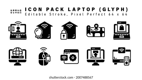 Icon Set of Laptop Glyph Icons. Contains such Icons as Online Shop, Monitor Internet, Mouse Wireless, Pair etc. Editable Stroke. 64 x 64 Pixel Perfect