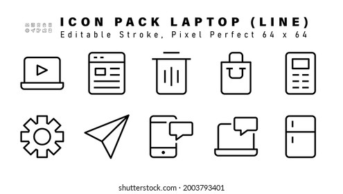 Icon Set of Laptop Line Icons. Contains such Icons as Calculator, Settings, Send, Mobile etc. Editable Stroke. 64 x 64 Pixel Perfect