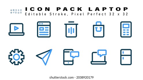 Icon Set of Laptop Two Color Icons. Contains such Icons as Calculator, Settings, Send, Mobile etc. Editable Stroke. 64 x 64 Pixel Perfect